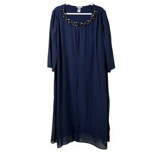 Catherines Dazzle Mesh Flyaway Beaded Dress Size 3X Navy Chiffon Overlay NWT